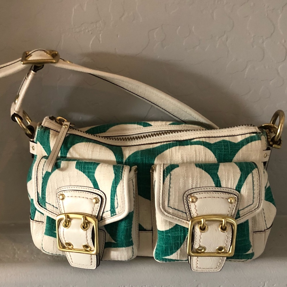 Coach Legacy Jade Green Bone Signature Linen Bag